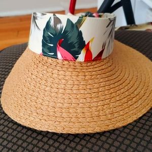 Vince Camuto Floral Sun Visor Beach Woven Paper Hat Ties Elastic One Size NWOT